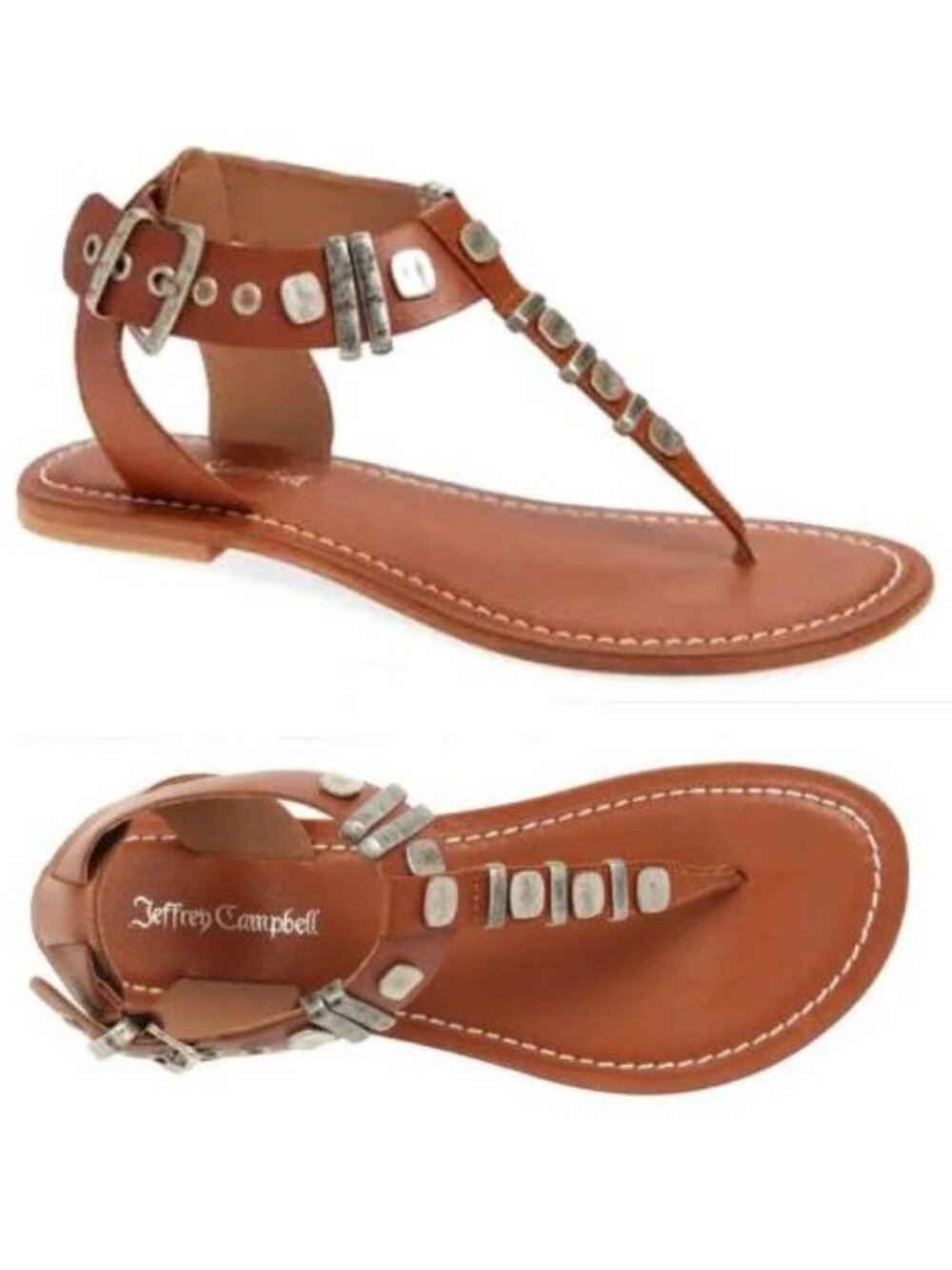 Jeffrey Campbell Leif Thong Flat Sandals Size 8 Cognac Brown Leather NEW $115